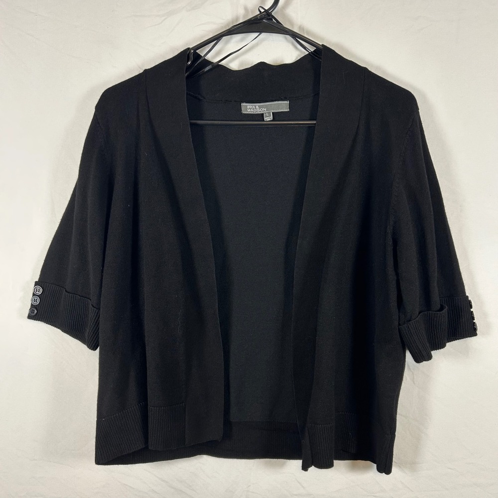 89th & Madison Womens Black Open Front Cardigan Button Cuff Shrug Sweater Large